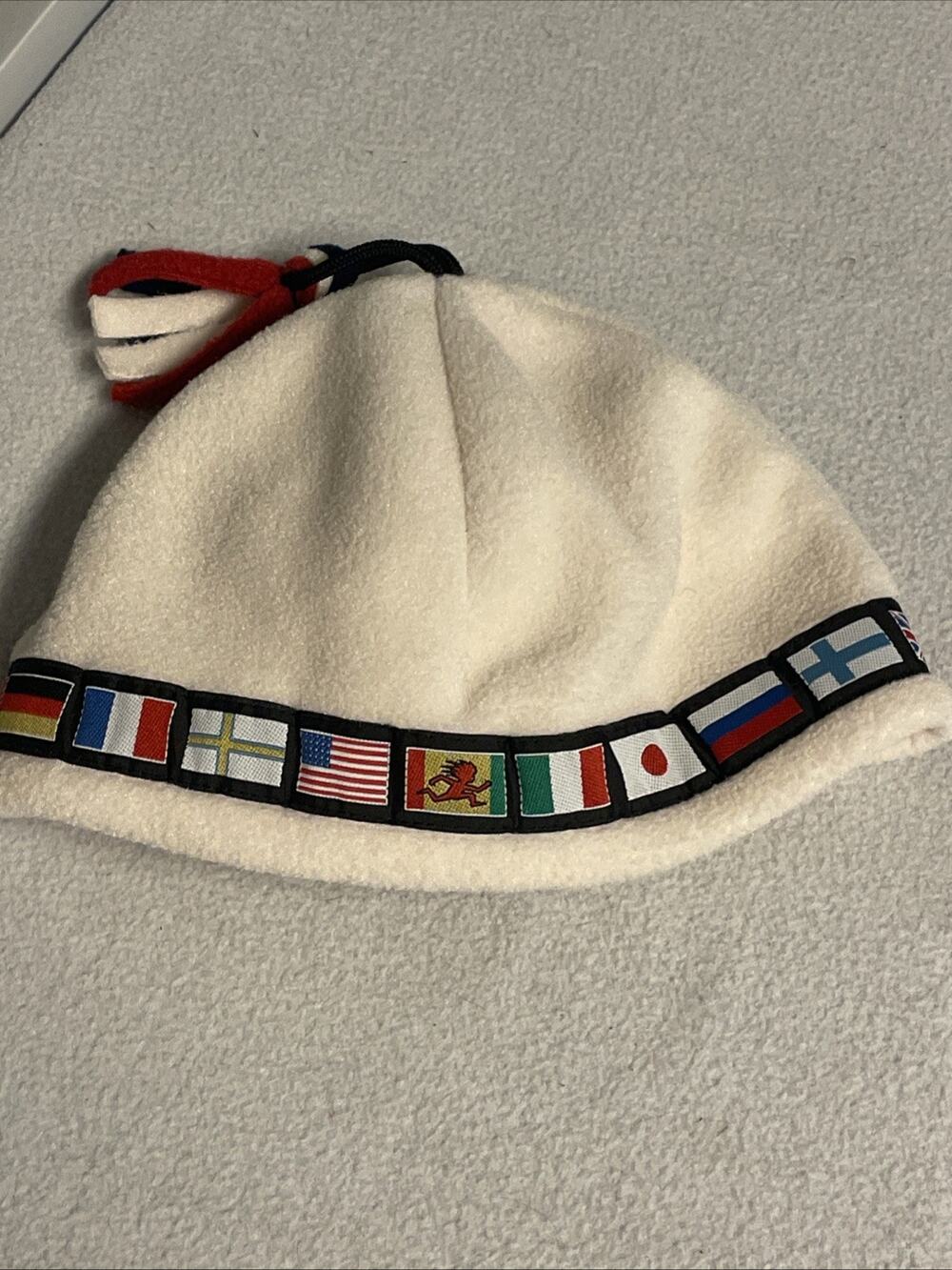 Vintage Shred Alert Fleece Beanie Hat 90s World Flags Ski Toggle White Polartec
